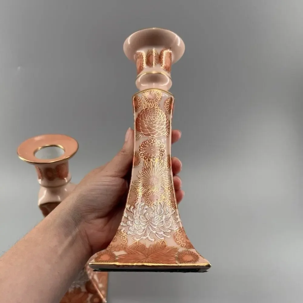 Vintage Andrea by Sadek 7763 Candlesticks Pair Orange Floral Gold Porcelain